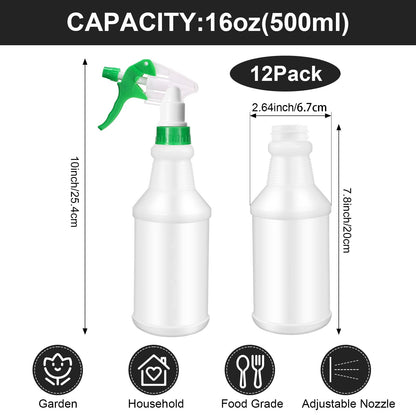 Eccliy 12 Pcs 16 Oz Plastic Spray Bottle, Adjustable Empty Reusable Sprayer for Cleaning, Planting, Water, Bathroom and Kitchen, BBQ, Commercial and Residential (Original,Green)
