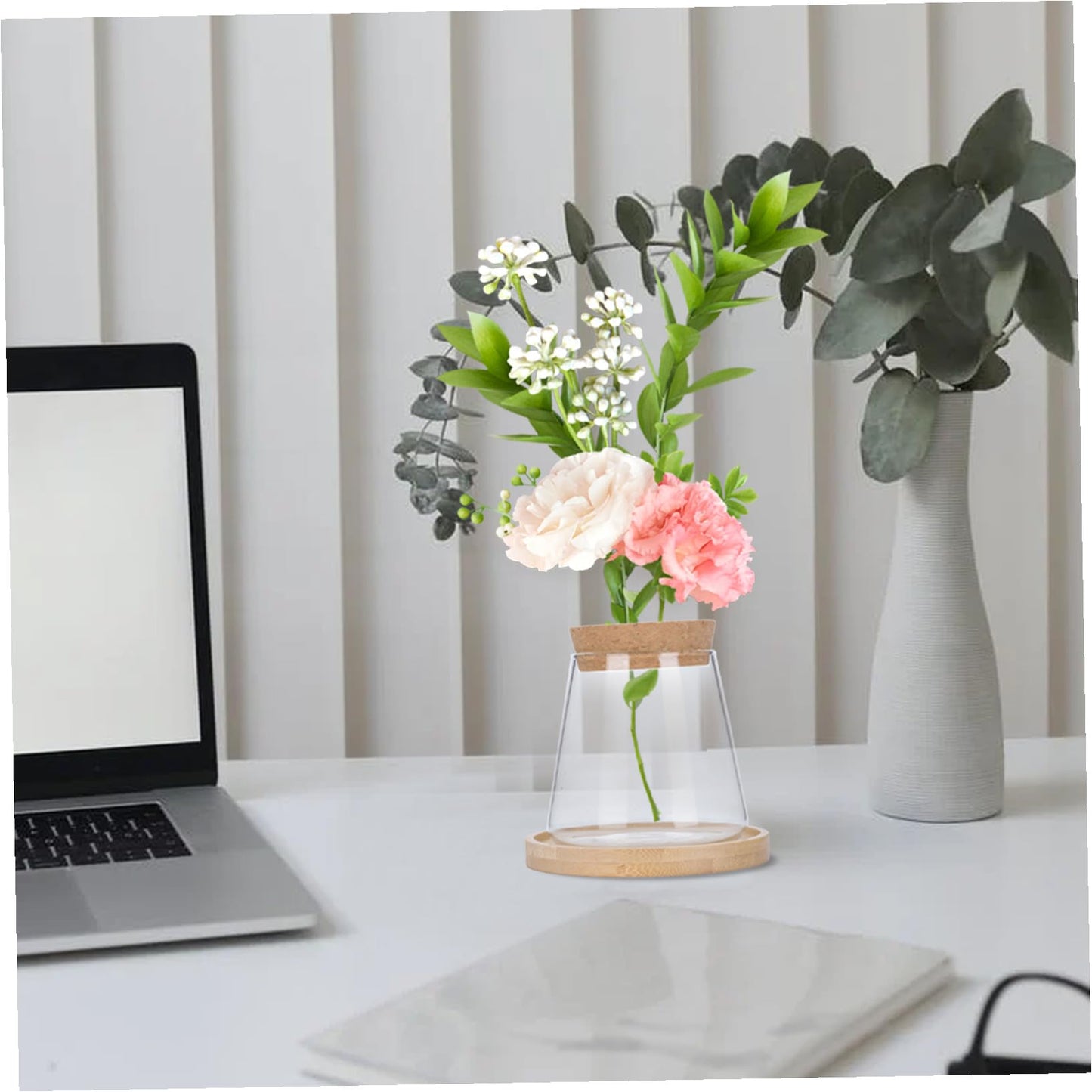 ETHZZLE Hydroponic Glass Vase with Wooden Stand Transparent Plant Propagation Station for Office Multifunctional Simple Flower Pot Desktop Greenery Terrarium Home Decoration and