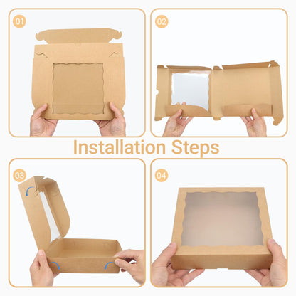 ROSPAKTEK Brown Bakery Boxes with Window (12pcs, 9x9x2.5 Inch) for Christmas: Ideal for Pie, Cookies, Chocolate Covered Strawberries, Breakable Heart & Charcuterie