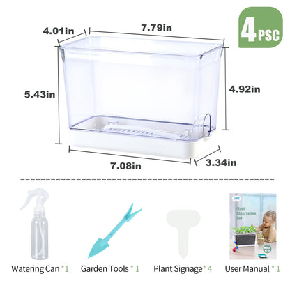 Oliz Self Watering Planters - 4 Pack Rectangular Clear Plant Pots with Drainage Holes for Indoor Plants