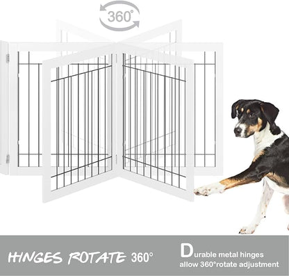 PAWLAND Extra Wide Dog gate for The House, Doorway, Stairs, Dog Fences Indoor, Freestanding Foldable Wooden Pet Gates for Dogs, Set of Support Feet Included, 96 in Wide 30 in Tall, 4 Panels White