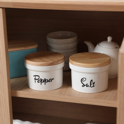 HAOTOP Salt and Pepper Bowls with wooden Lid, 12.5 oz Ceramic Salt and Pepper Saver Container for Countertop, Farmhouse Kitchen Decor