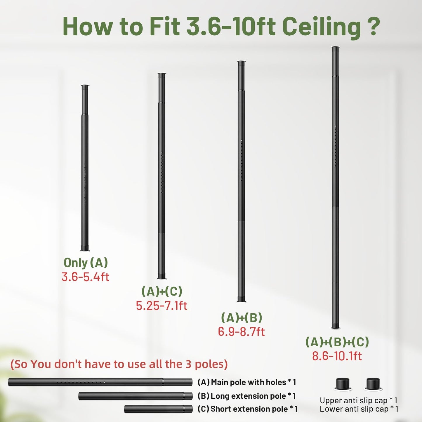 Zononoca Tension Rod Plant Stand, Plant Poles for Hanging Plants Indoor, Metal Floor to Ceiling Hanging Plants Stand, Tension Pole Plant Stand with 6 Hooks (Fit 3.6-10ft)