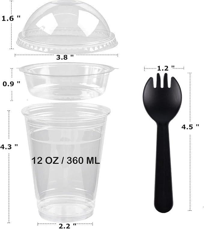 Zezzxu 50 Pack 12 oz Disposable Parfait Cups with Dome Lids No Hole, Toppings Compartment and Spork, Yogurt Conatiner with Granola Holder for Take Away Breakfast and Snacks, No Leaking