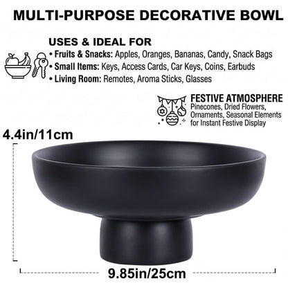 QIANLING Black Pedestal Bowl for Home Decor - Matte Black Resin Decorative Fruit Bowl for Kitchen Counter, Coffee Table or Entryway, Modern Centerpiece Bowl for Keys, Candy (Black)