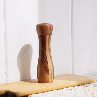 DeroTeno Pepper Mill, Pepper Grinder, Adjustable Ceramic Grinder for Both Pepper and Salt, Acacia Wood, Height 20.5 cm / 8 inch, Dia 6 cm(Tray is NOT Included)