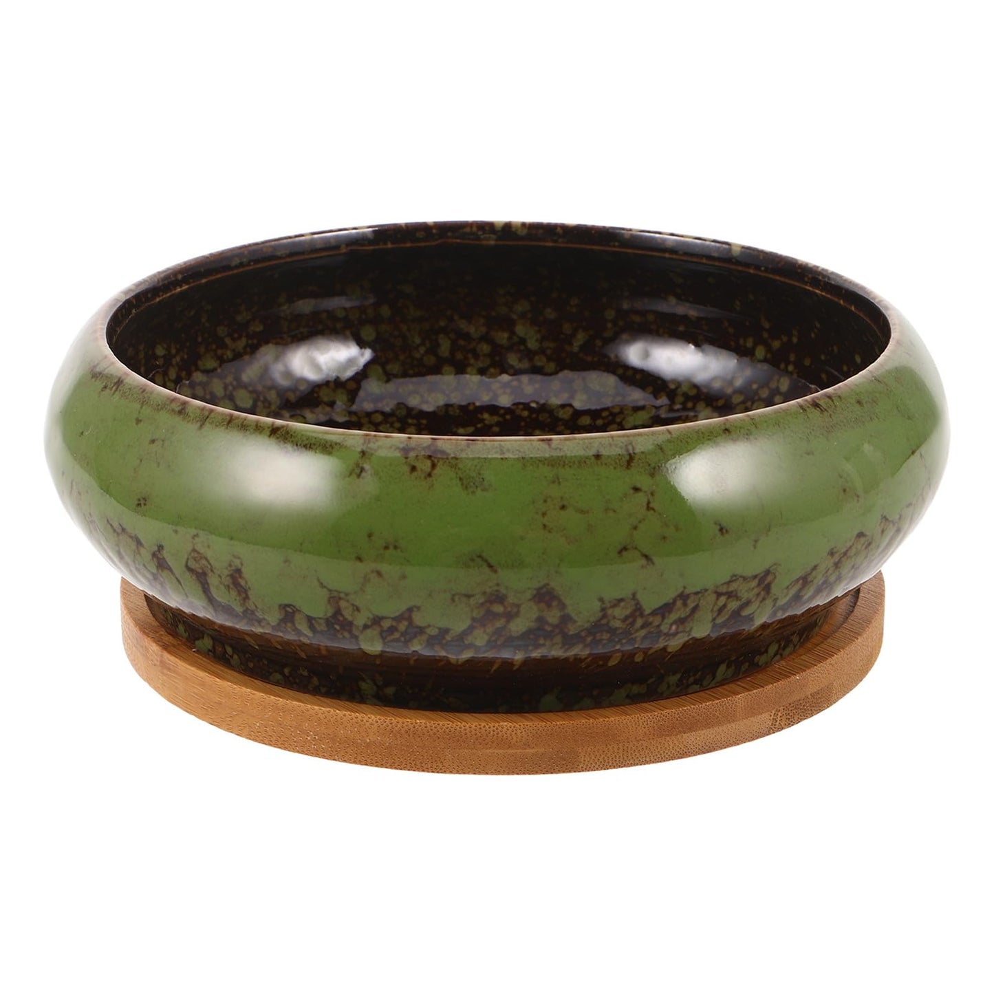 DECHOUS Ceramic Lotus Bowl Planter 7 Inch Round Shallow Succulent Planter Glazed Flower Plants Pot with Bamboo Tray for Lotus Seeds, Bonsai, Home Indoor Decor