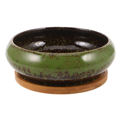 DECHOUS Ceramic Lotus Bowl Planter 7 Inch Round Shallow Succulent Planter Glazed Flower Plants Pot with Bamboo Tray for Lotus Seeds, Bonsai, Home Indoor Decor