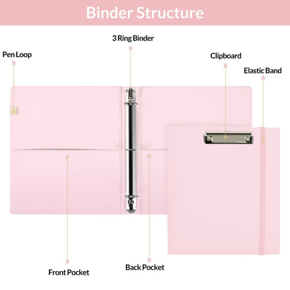 SKYDUE 3 Ring Binder with Clipboard, 13.2" × 10.2" Faux Leather 1 Inch Binder Organizer with 5 Pocket Dividers, Notepad, Labels & 2 Storage Pockets for Teachers, Students, Nurses & Office Work