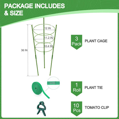 KLS 3 Pack Tomato Cage for Pots Plant Support, Upgrade 36 Inches Tomato Cages for Garden, Pepper Cage Trellis Kit with Plant Tie and Clips (36")