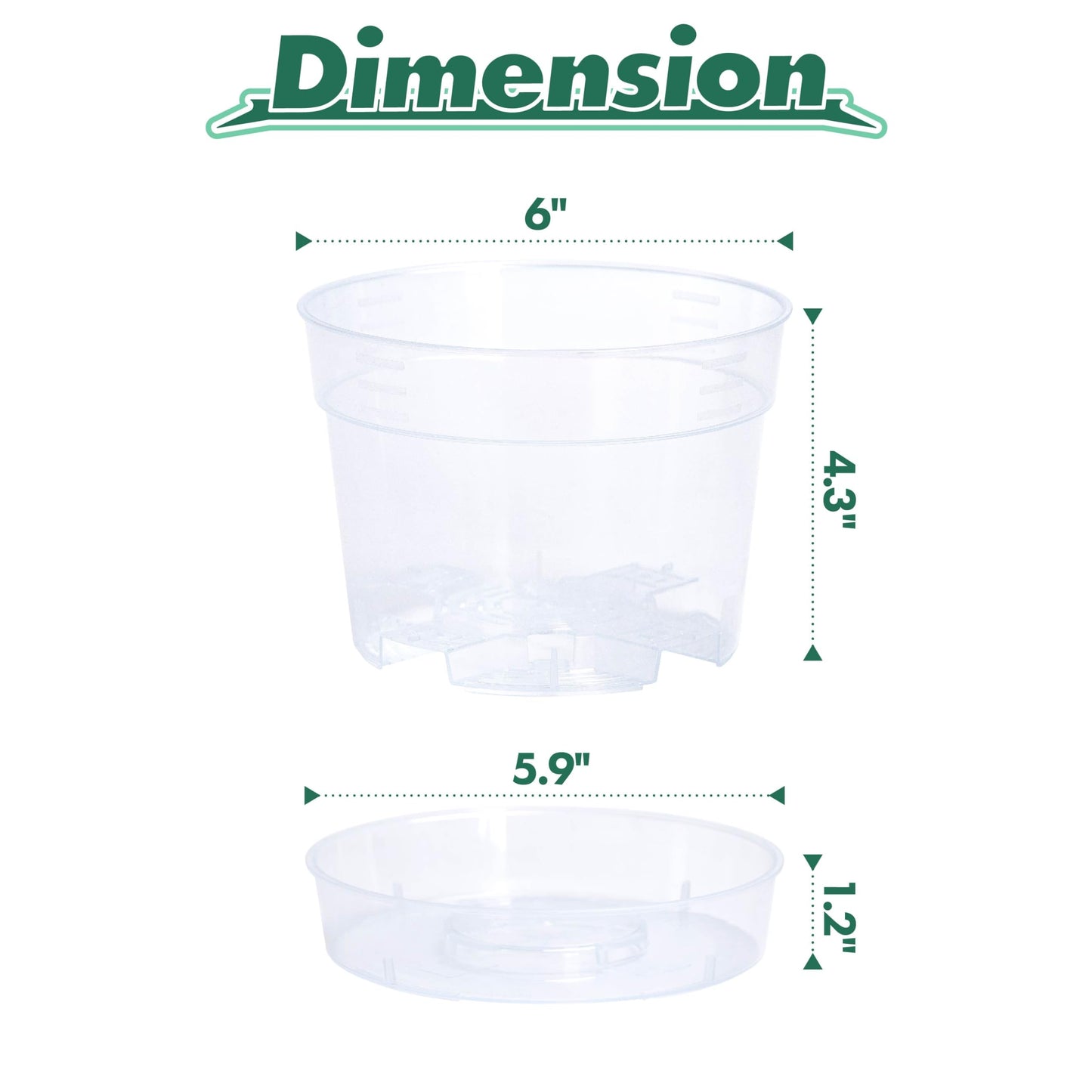 6 Inch Clear Plastic Plant Pot with Drainage Holes, Interlocking & Detachable Tray - Deep Saucer - Durable BPA-Free Plastic, Transparent Design, Raised Base for Airflow, Set of 6, 92-X-A-4