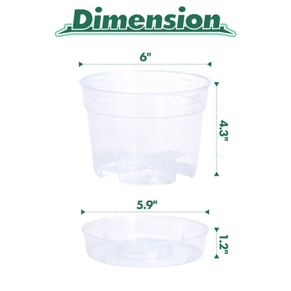 6 Inch Clear Plastic Plant Pot with Drainage Holes, Interlocking & Detachable Tray - Deep Saucer - Durable BPA-Free Plastic, Transparent Design, Raised Base for Airflow, Set of 6, 92-X-A-4