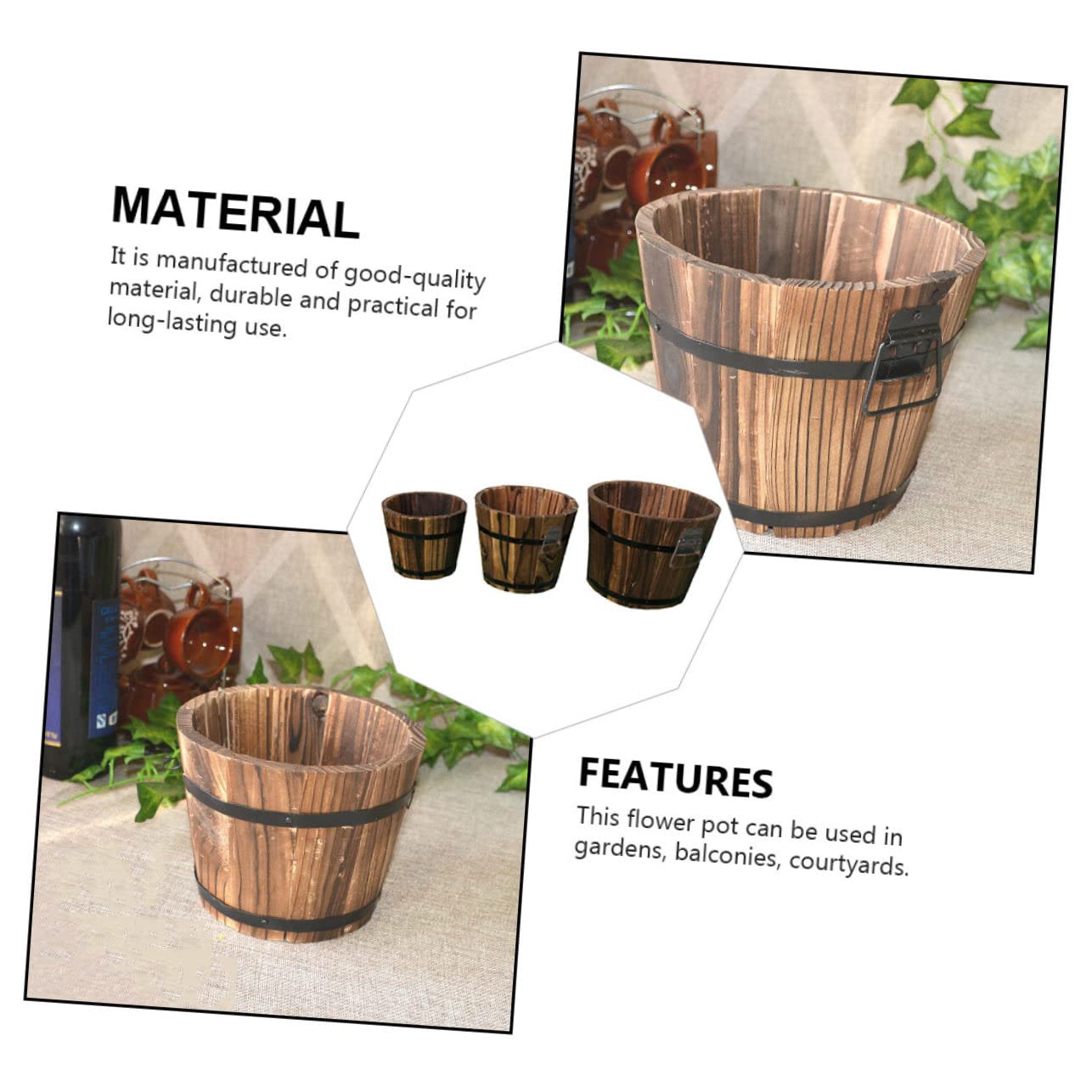 Yardenfun 3Pcs Wooden Barrel Pot Rustic Succulent Planters for Decor Wooden Bucket Planters for Indoor and Outdoor Use