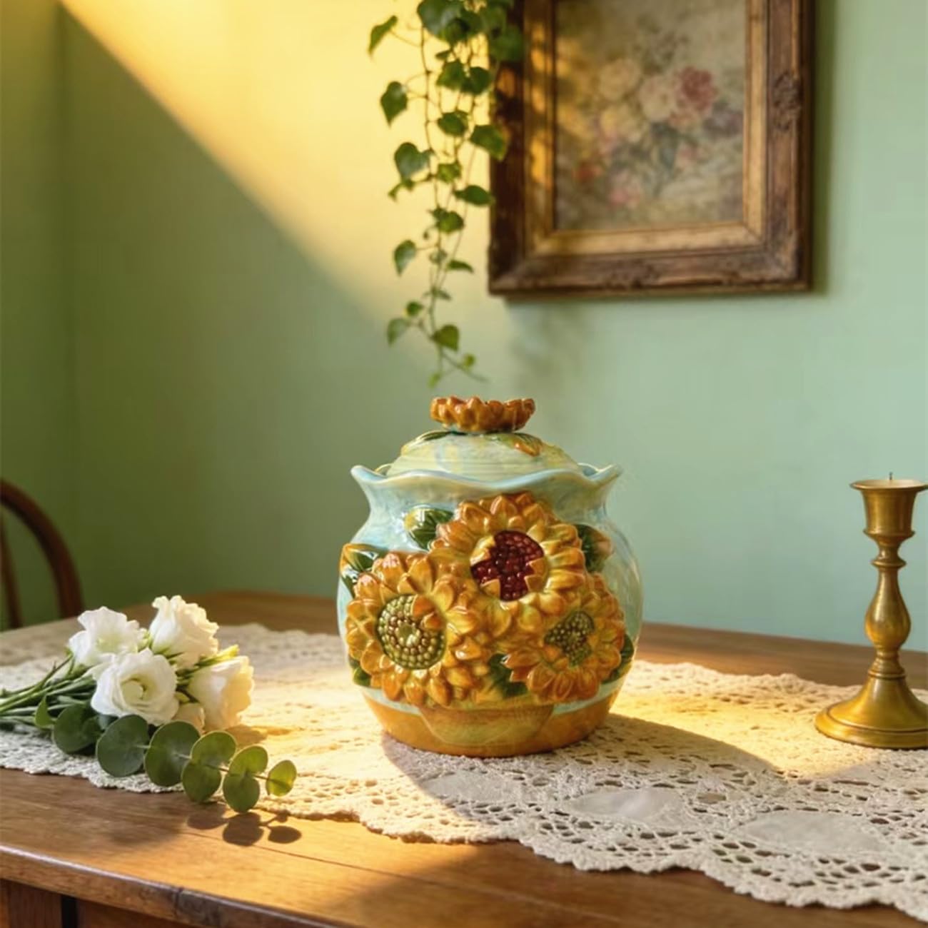 FORLONG Ceramic Hand-Painted Sunflower Sealed Jar,Food Storage Containers with Lids, Home Kitchen Countertop Decorative