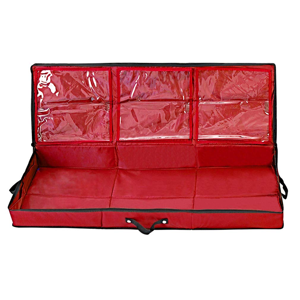 Primode Wrapping Paper Storage Container | Gift Wrap Organizer Under Bed | 41”x14”x6” | Fits 18-24 Rolls Up to 40” | 600D Oxford | Box Holder with Pockets for Ribbon, Bows and Accessories (Red)