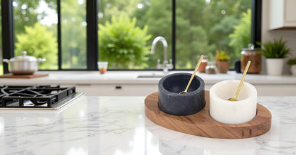 Cruiser’s Caché 2 Piece White and Black Marble Salt and Spice Cellar or Dipping Bowls with Wood Tray and Gold Spoons