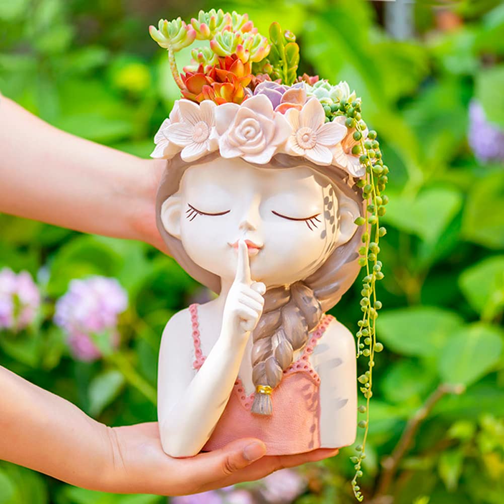 Snowy sunday Large Girl face planters -2pack Cute Big Succulent Pot with Drainage Hole Tall Lady Head Planter Resin Flower Pot Decorative vase for Indoor and Outdoor Plants Gifts for mom/Aunt/Lover