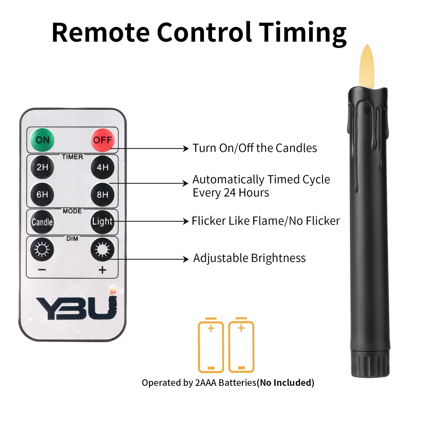 YBU Flameless Taper Candles with Remote 7 Inches Led Candle Sticks with Flickering Light Timer Dimmer Battery Operated Window Candles for Halloween Christmas Decoration (Black)