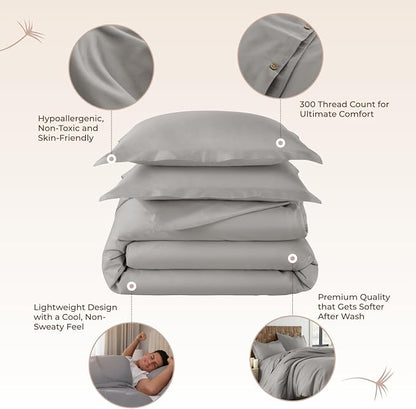 100% Organic Cotton Duvet Cover King Size - Naturally Soft Lightweight & Cooling Duvet Cover Set with Decorative Shams - Premium GOTS Certified 300 Thread Count Sateen Weave (Classic Grey, King)