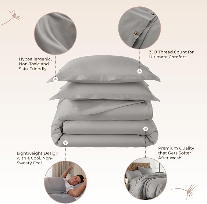 100% Organic Cotton Duvet Cover Queen Size - Naturally Soft Lightweight & Cooling Duvet Cover Set with Decorative Shams - Premium GOTS Certified 300 Thread Count Sateen Weave (Classic Grey, Queen)