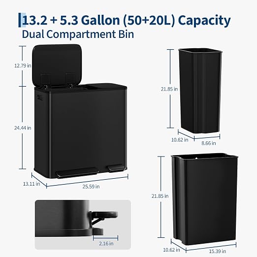 Dual Kitchen Trash Can 13.2 + 5.2 Gal (50+20L) Stainless Steel Trash Cans with Soft Close Lid Large Double Garbage and Recycling Bin with 2 Removable Inner Buckets Step-on Metal Garbage Cans Silver