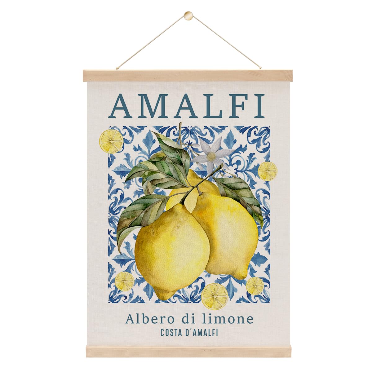 Italian Amalfi Coast Lemon Wall Art Poster Hanger, Blue Mediterranean Tiles Lemons Tree Italian Wall Art With Wooden Poster Hanger for Home Kitchen Living Room Dining Room Decor 15.8x11.8 Inch