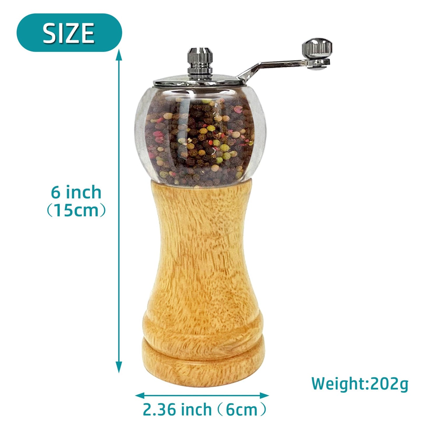 VEIZIBEE Salt and Pepper Grinder Set Hand Crank Salt and Pepper Mill Classical Wooden Salt Grinder Manual Acrylic Pepper Shaker with Adjustable Coarseness for Home Kitchen (Burlywood 1pcs-6in)