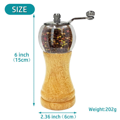 VEIZIBEE Salt and Pepper Grinder Set Hand Crank Salt and Pepper Mill Classical Wooden Salt Grinder Manual Acrylic Pepper Shaker with Adjustable Coarseness for Home Kitchen (Burlywood 1pcs-6in)