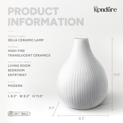 RONDURE 11.0" Modern Ceramic Table Lamp, Fully Dimmable Bedside Lamp for Bedroom Living Room Nightstand, White Translucent Ceramic Shade, Warm Ambient Decorative Corded Lighting, Bulb Included