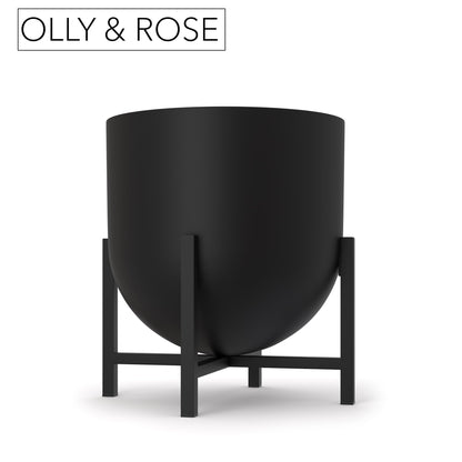 Olly & Rose Plant Pot with Plant Stand - Metal Plant Pots Indoor Planter 22cm Large Flower Pot (Black)
