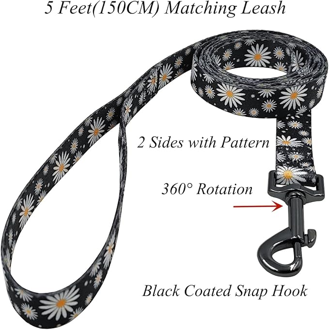 Dog Collar Leash Set, Floral Pattern, Polyester Material, Adjustable Collar and 5ft Matching Leash, for Small Dogs.(S, Black Daisy)