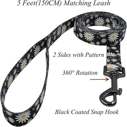 Dog Collar Leash Set, Floral Pattern, Polyester Material, Adjustable Collar and 5ft Matching Leash, for Medium Dogs.(M, Black Daisy)