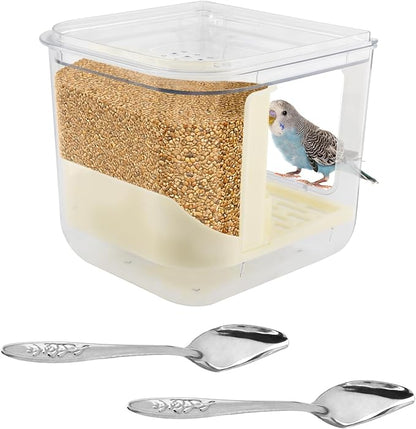 Automatic Bird Feeder with 2 Spoons, No Mess Bird Feeder for Cage, Transparent Bi-rd Cage Accessories for Parakeet Canary Cockatiel Finch(Color:White)