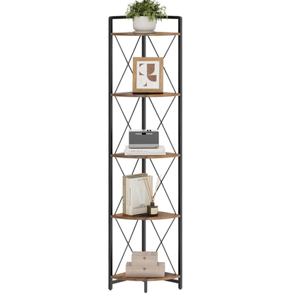 Cerlyunzan 5 Tier Corner Shelf Stand, 64" H Tall Industrial Corner Bookshelf for Living Room Decor, Metal Corner Shelf, Plant Stand Display Shelf for Bedroom, Bathroom, Small Space, Rustic Brown