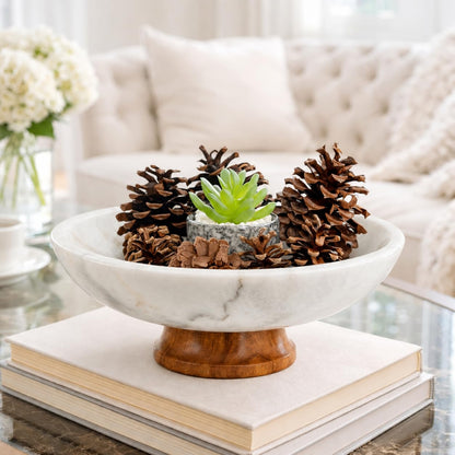 White Marble Fruit Bowl with Pedestal, 11" Large Decorative Centerpiece Bowl for Dining Table, Modern Kitchen Counter Fruit Bowl, Handcrafted Stone Marble Bowl, Luxury Home Decor Accent