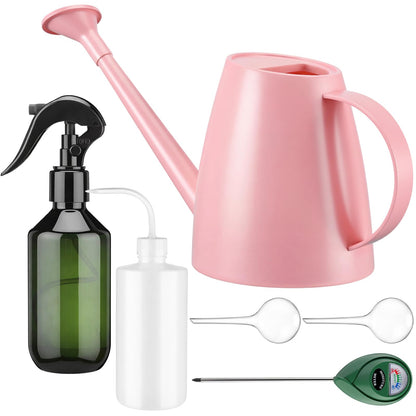 Reallnaive 6 Pcs Indoor Watering Can Set 1/2 Gallon Can 6.8 oz Spray Bottle 17 oz Squeeze Bottle Plant Watering Globes Soil Moisture Meter Small Spraying Set for Indoor Outdoor Plants(Pink)