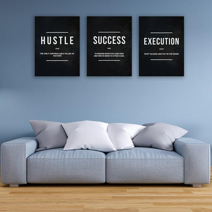 Halioyo Motivational Wall Art, 3 Pane Inspirational Canvas Prints with Positive Saying, Hustle Success Office Wall Decor for Living Room, Bedroom, Workspace, Ready to Hang(12x16 inch)
