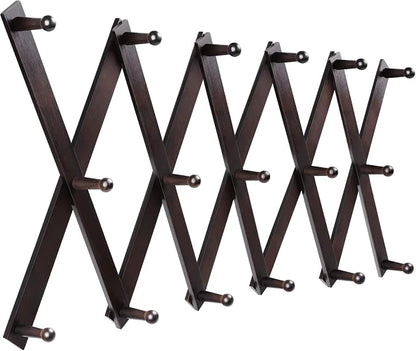 Homode Accordion Wall Hanger, Hat Hangers Wall Mounted, Wood Accordian Coat Rack with 17 Hooks, Expandable Peg Rack Wall Organizer for Hanging Baseball Caps, Hats, Purse, Coffee Cup, Bag, Walnut