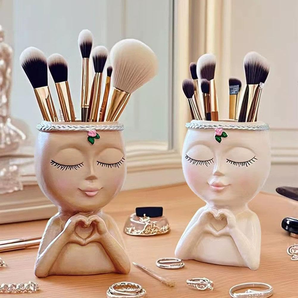 Face Planter, Head Planter, Resin Head Planters for Indoor Plants, Cute Flower Pots with Drainage, Girl Heads Flower Pots, Decorative Makeup Brush Holder Gardening Gifts for Women Mom (Coffee)