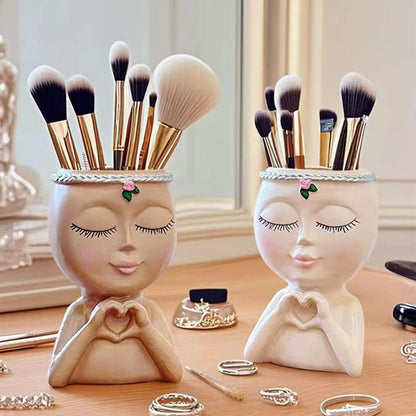 Face Planter, Head Planter, Resin Head Planters for Indoor Plants, Cute Flower Pots with Drainage, Girl Heads Flower Pots, Decorative Makeup Brush Holder Gardening Gifts for Women Mom (Coffee)