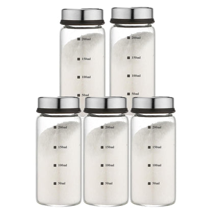 7 oz Salt and Pepper Shakers Set with Adjustable Outlet Holes Clear Glass Bottles Spice Seasoning Cans Jar for Kitchen Decor and Home Restaurant BBQ Camping Farmhouse Kitchen Accessories(5 Pcs, 200ML)