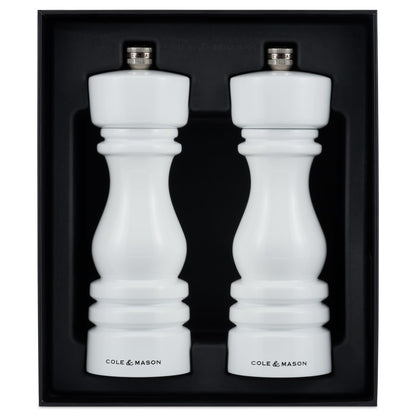 Cole & Mason H233095 London White Gloss Salt and Pepper Mill Set, Precision+ Carbon/Ceramic Mechanisms, Salt and Pepper Grinders with Adjustable Grind, Beech Wood, 180mm, Gift Set