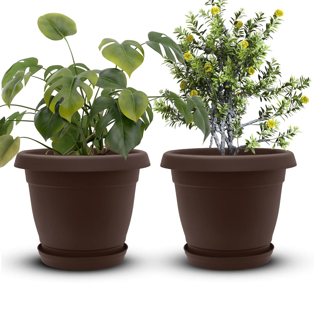 Cubiark Garden 2 pcs 8 Inch Planter Pot with Tray & Drainage, Indoor Plant Pots, Textured Finish, Outdoor Plastic Plant Pot for Porch, Patio, Deck & Balcony (Brown)