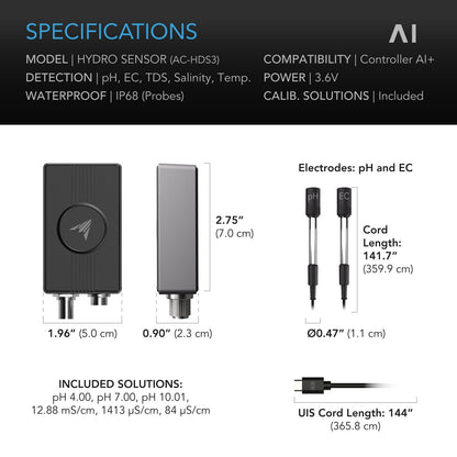 AC Infinity Hydro Sensor, Environmental Sensor for Controller AI+, Manage pH, EC, TDS and Water Temp for Grow Tents, Unlock Automations for Equipment Programming in Hydroponics, Aquariums, and Pools