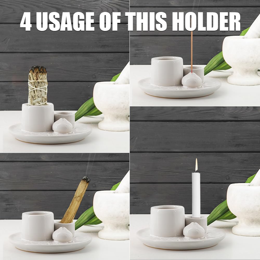 4 in 1 Ceramic Incense Holder, Palo Santo Stick Holder, Sage Holder for Burning, 5.2" Ash Catcher Tray for Meditation, Yoga & Home Decor (White)