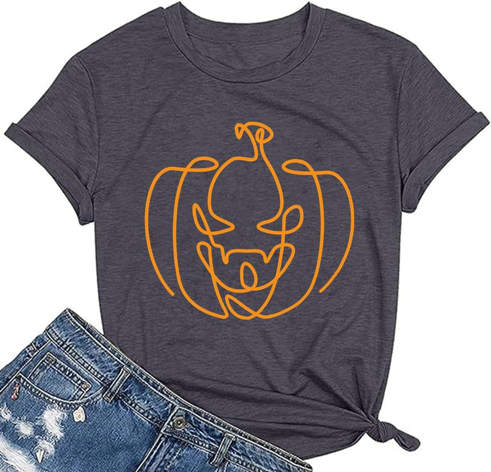 Halloween Pumpkin Shirt Women Funny Jack-O-Lantern Pumpkin Shirts Dancing Skeleton Ghost Halloween Thanksgiving Shirt (25 Dark Grey,M)