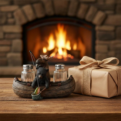 Comfy Hour 6.7" Moose and Bear Fishing in Canoe Salt and Pepper Shaker Duo (Empty Bottle Set Included), Decorative Rustic Lodge Cabin Style Figurine Holder, 1 Unit