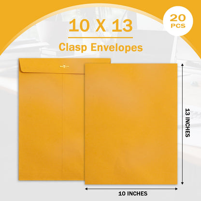 10x13 Clasp Envelopes 20 Pack, Goefun Large Brown Yellow Manilla Envelopes 10x13 with Clasp and Gummed Seal for Office - 100GSM Kraft Paper