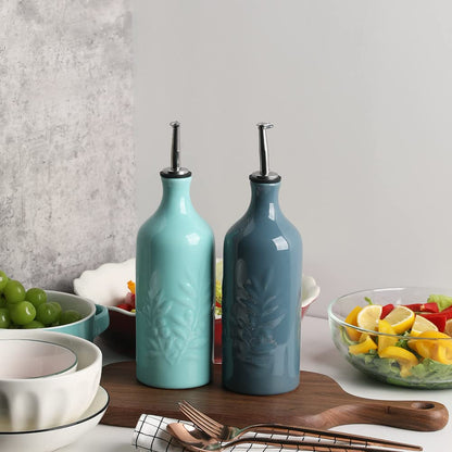 Sweejar Ceramic Olive Oil Dispenser Bottle, 20 Oz Relief Opaque Oil Cruet Protects Oil To Reduce Oxidation, Suitable for Storage Oil, Vinegar, Soy Sauce, Coffee Syrup, Liquids, Set of 1 (Fog Blue)