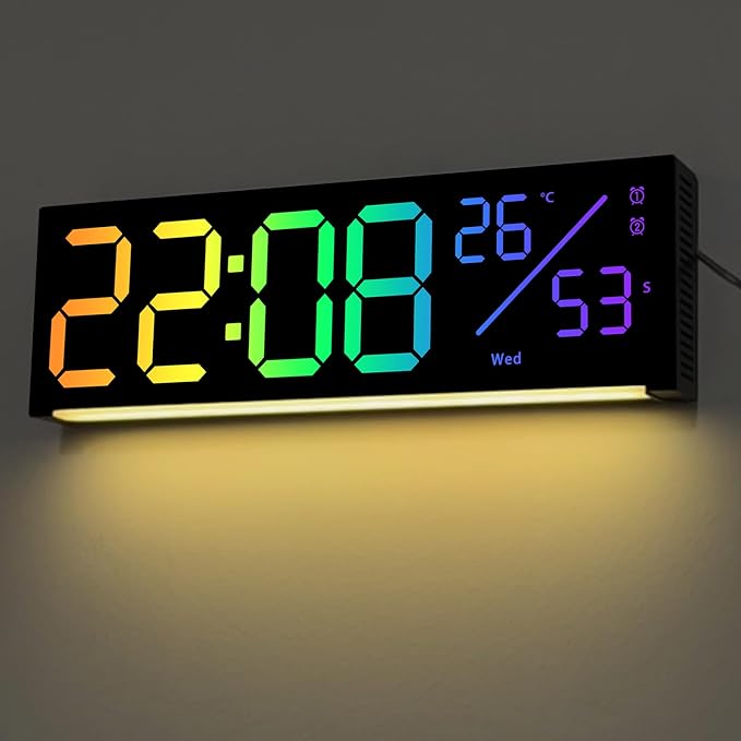 JoFomp 12" RGB Color LED Digital Wall Clock with Remote Control, Seconds Display, Plug-in Digital Alarm Clock with Auto Brightness, DST, Temp, Digital Clock for Living Room, Bedroom, Classroom, Office